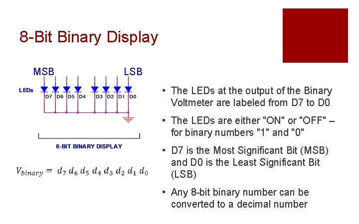 8 -Bit Binary Display MSB LSB • The LEDs at the output of the