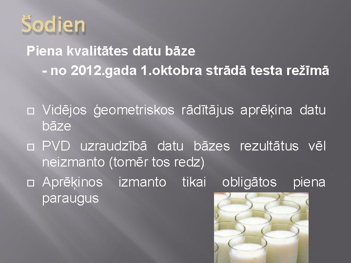Šodien Piena kvalitātes datu bāze - no 2012. gada 1. oktobra strādā testa režīmā
