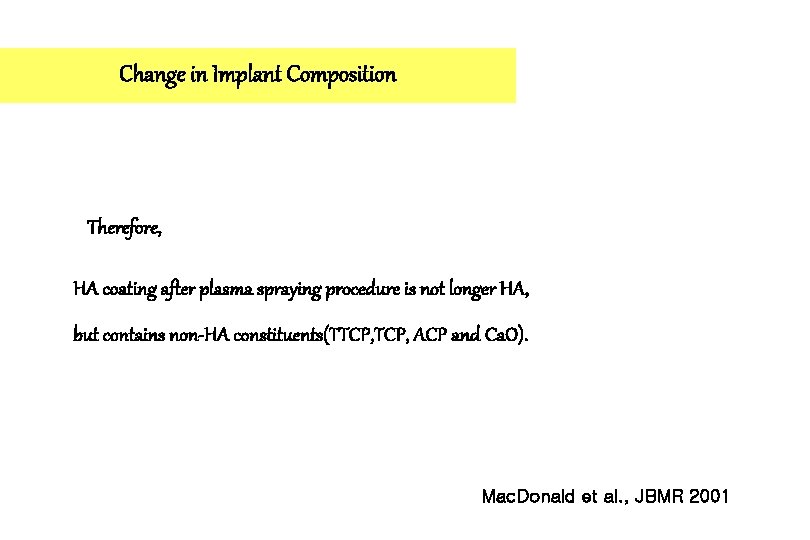 Change in Implant Composition Therefore, HA coating after plasma spraying procedure is not longer