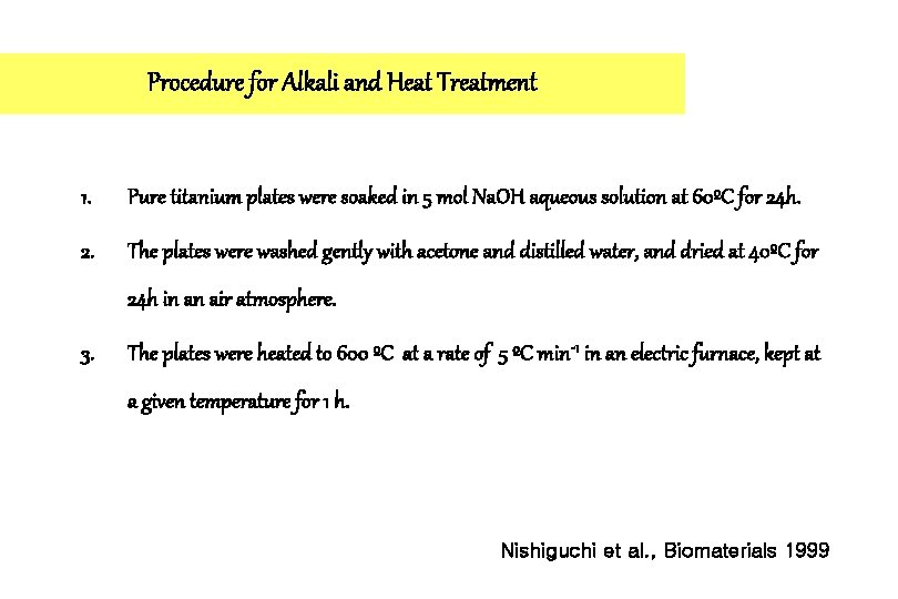 Procedure for Alkali and Heat Treatment 1. Pure titanium plates were soaked in 5
