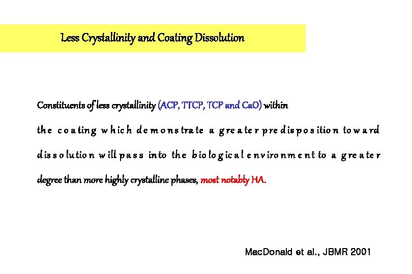 Less Crystallinity and Coating Dissolution Constituents of less crystallinity (ACP, TTCP, TCP and Ca.