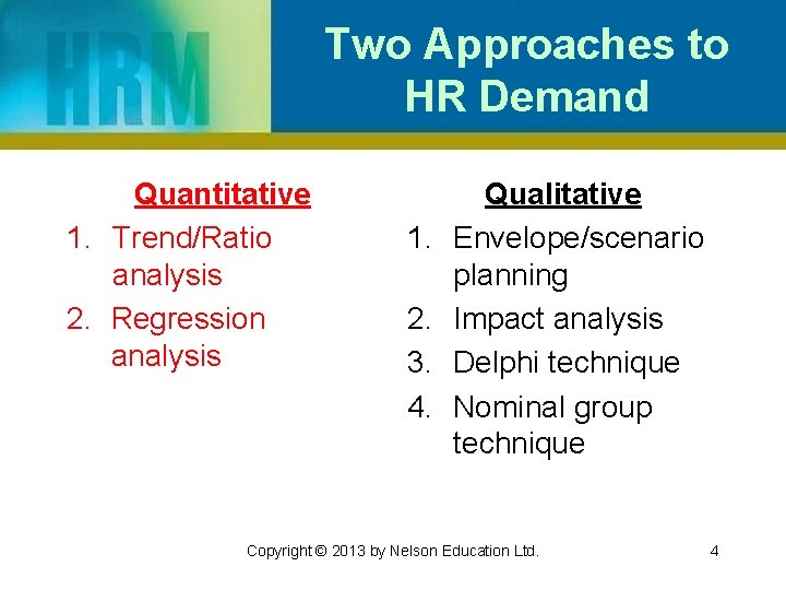 Two Approaches to HR Demand Quantitative 1. Trend/Ratio analysis 2. Regression analysis 1. 2.