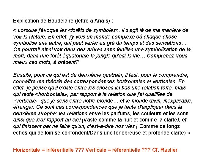 Explication de Baudelaire (lettre à Anaïs) : « Lorsque j'évoque les «forêts de symboles»