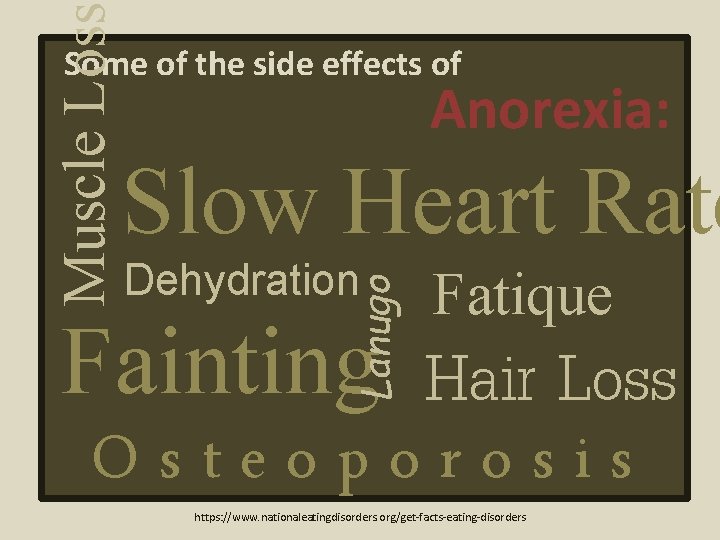 Muscle Loss Some of the side effects of Anorexia: Slow Heart Rate Lanugo Dehydration
