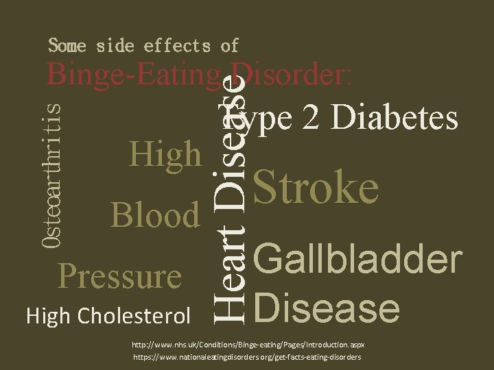 Some side effects of High Blood Pressure High Cholesterol Heart Disease Osteoarthritis Binge-Eating Disorder: