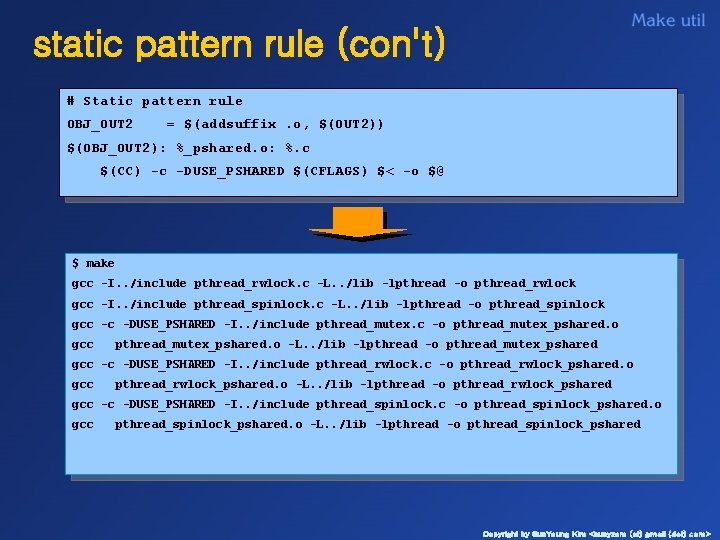 static pattern rule (con't) # Static pattern rule OBJ_OUT 2 = $(addsuffix. o, $(OUT