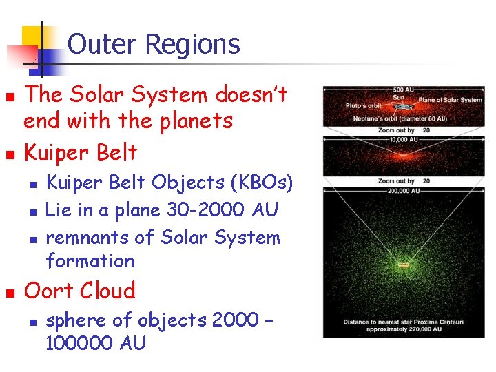 Outer Regions n n The Solar System doesn’t end with the planets Kuiper Belt