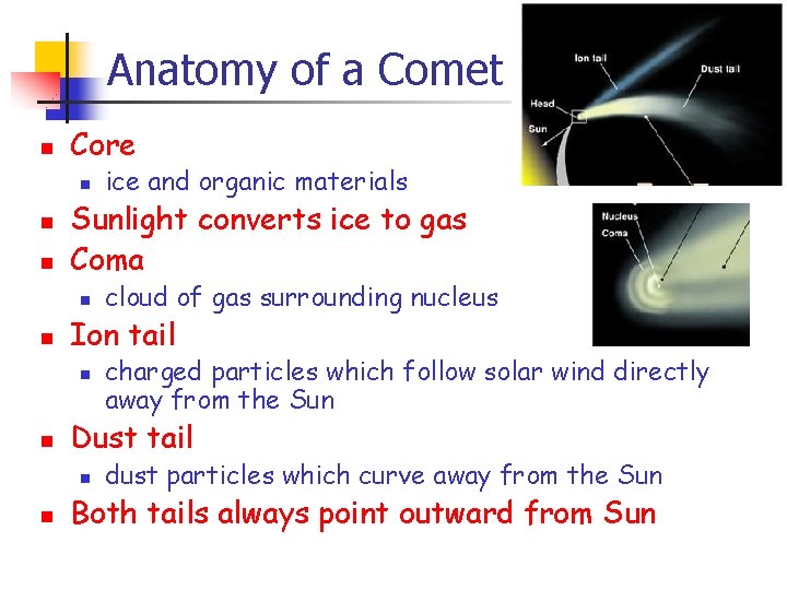 Anatomy of a Comet n Core n n n Sunlight converts ice to gas