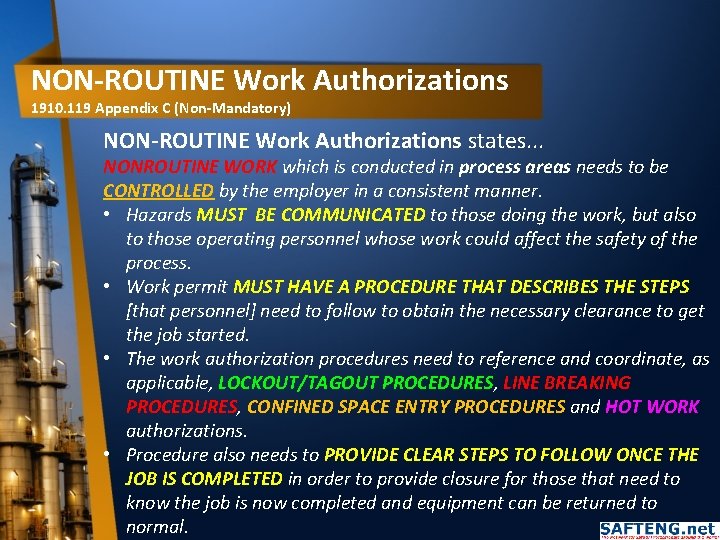 NON-ROUTINE Work Authorizations 1910. 119 Appendix C (Non-Mandatory) NON-ROUTINE Work Authorizations states. . .