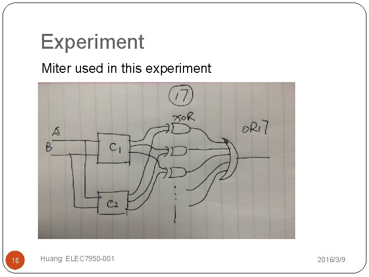 Experiment Miter used in this experiment 16 Huang: ELEC 7950 -001 2016/3/9 