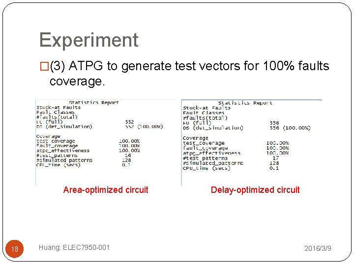 Experiment �(3) ATPG to generate test vectors for 100% faults coverage. Area-optimized circuit 18