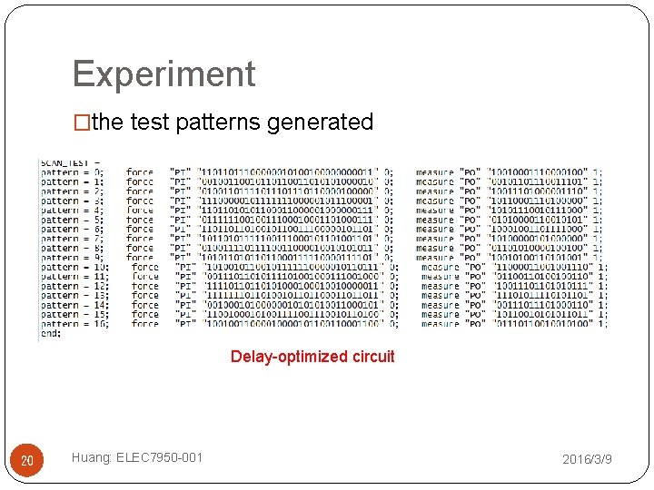 Experiment �the test patterns generated Delay-optimized circuit 20 Huang: ELEC 7950 -001 2016/3/9 