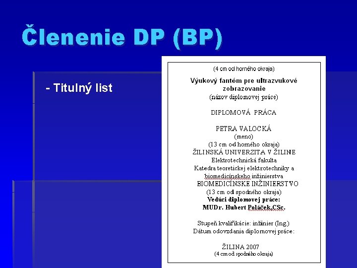 Členenie DP (BP) - Titulný list 