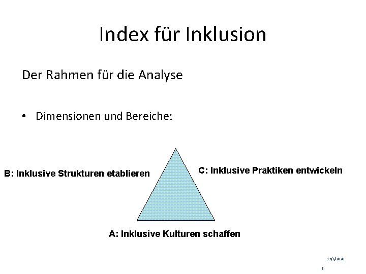 Index für Inklusion Der Rahmen für die Analyse • Dimensionen und Bereiche: B: Inklusive