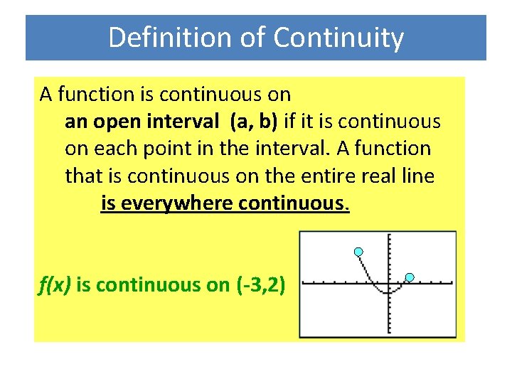 Definition of Continuity A function is continuous on an open interval (a, b) if