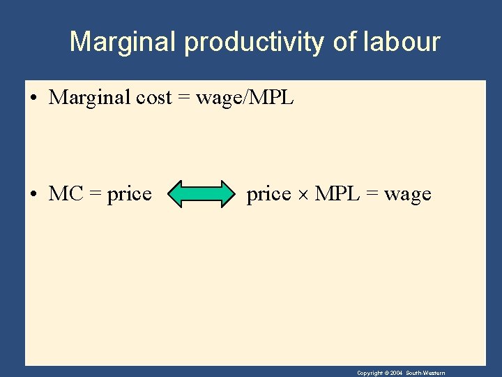 Marginal productivity of labour • Marginal cost = wage/MPL • MC = price MPL