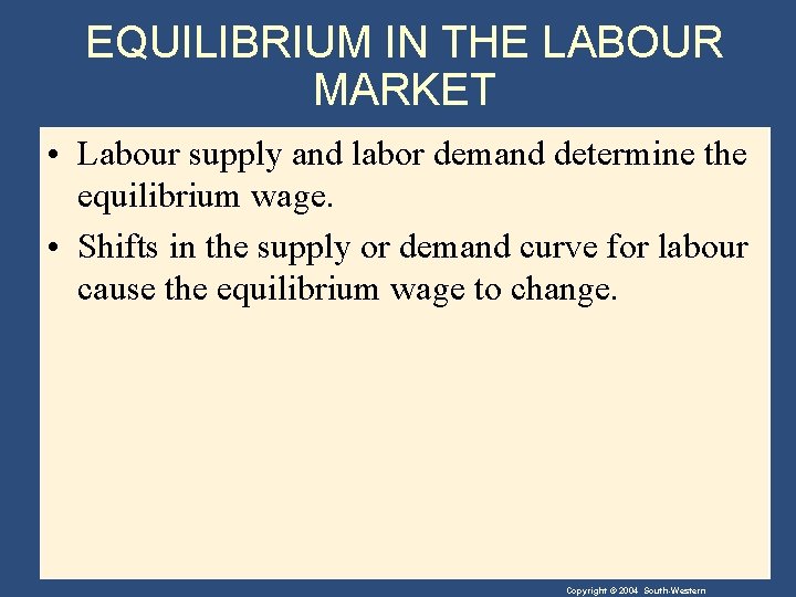 EQUILIBRIUM IN THE LABOUR MARKET • Labour supply and labor demand determine the equilibrium
