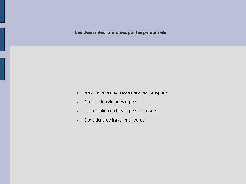 Les demandes formulées par les personnels Réduire le temps passé dans les transports Conciliation