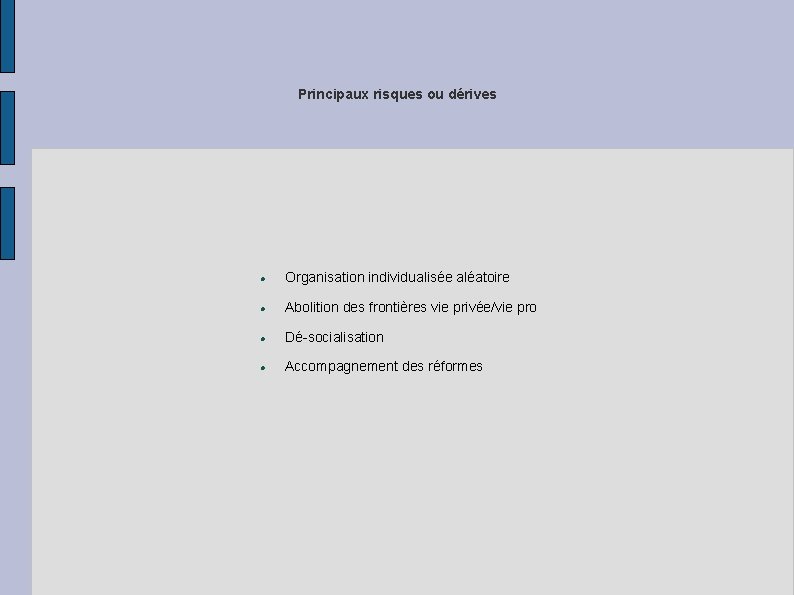 Principaux risques ou dérives Organisation individualisée aléatoire Abolition des frontières vie privée/vie pro Dé-socialisation