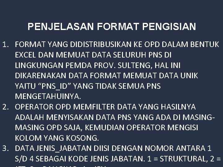 PENJELASAN FORMAT PENGISIAN 1. FORMAT YANG DIDISTRIBUSIKAN KE OPD DALAM BENTUK EXCEL DAN MEMUAT