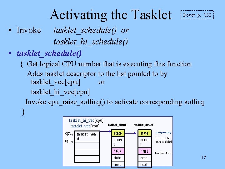 Activating the Tasklet Bovet p. 152 • Invoke tasklet_schedule() or tasklet_hi_schedule() • tasklet_schedule() {