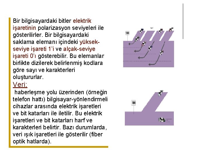 Bir bilgisayardaki bitler elektrik işaretinin polarizasyon seviyeleri ile gösterilirler. Bir bilgisayardaki saklama elemanı içindeki