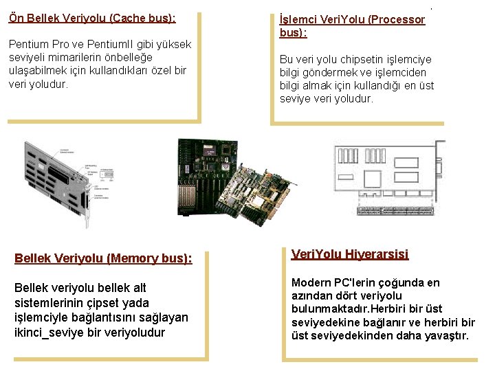 Ön Bellek Veriyolu (Cache bus): Pentium Pro ve Pentium. II gibi yüksek seviyeli mimarilerin