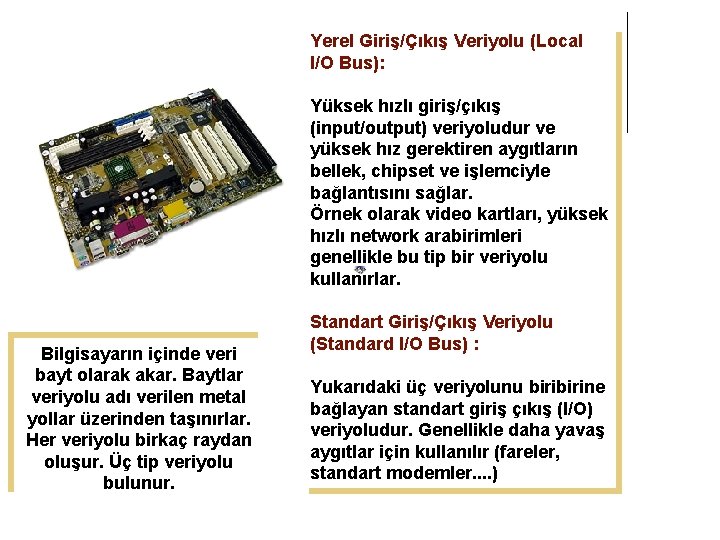 Yerel Giriş/Çıkış Veriyolu (Local I/O Bus): Yüksek hızlı giriş/çıkış (input/output) veriyoludur ve yüksek hız