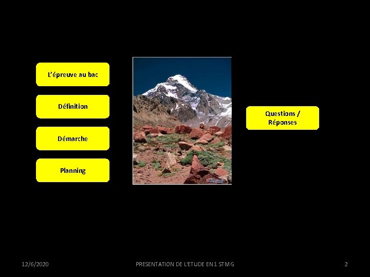 L’épreuve au bac Définition Questions / Réponses Démarche Planning 12/6/2020 PRESENTATION DE L'ETUDE EN