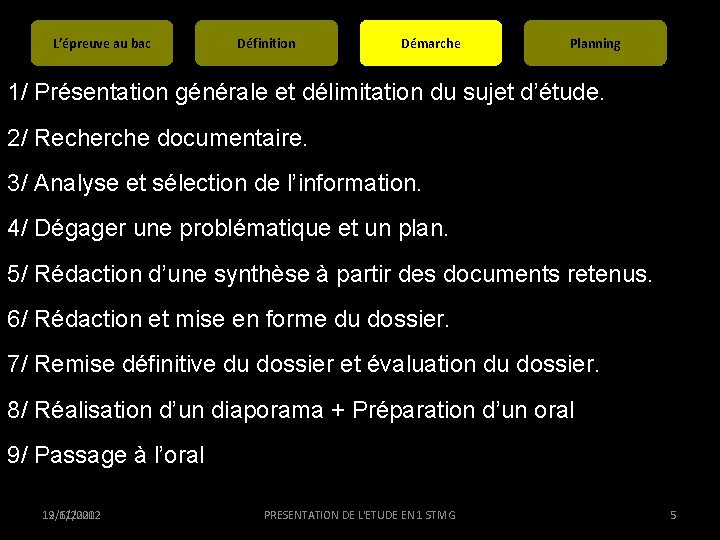 L’épreuve au bac Définition Démarche Planning 1/ Présentation générale et délimitation du sujet d’étude.