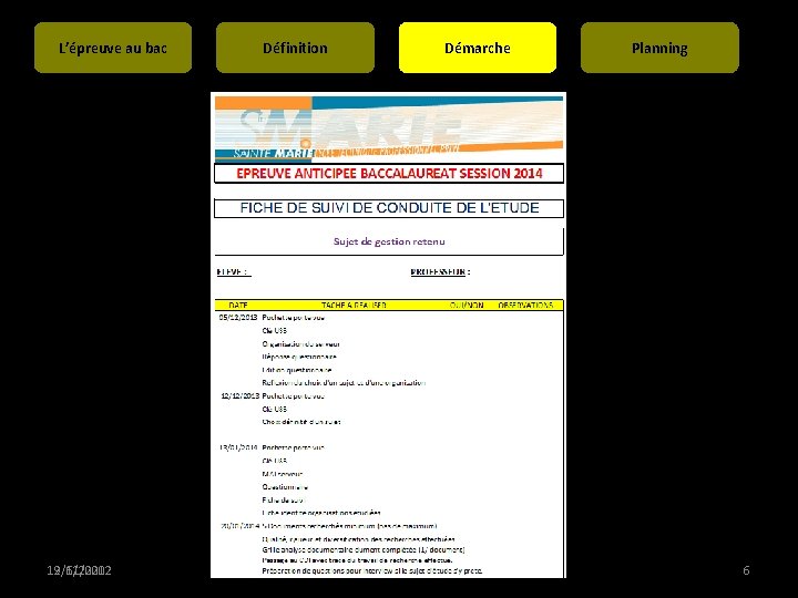 L’épreuve au bac 12/6/2020 19/11/2012 Définition Démarche PRESENTATION DE L'ETUDE EN 1 STMG Planning