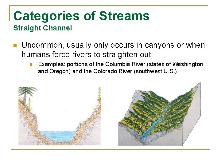 Categories of Streams Straight Channel n Uncommon, usually only occurs in canyons or when