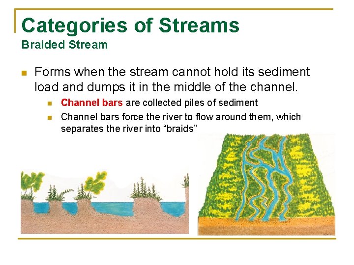 Categories of Streams Braided Stream n Forms when the stream cannot hold its sediment