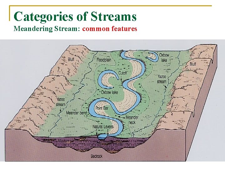 Categories of Streams Meandering Stream: common features n n n Point Bar Cut Bank