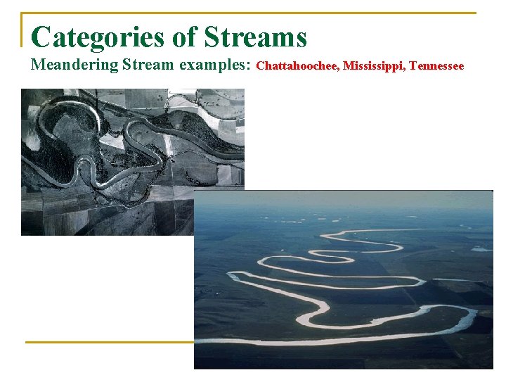 Categories of Streams Meandering Stream examples: Chattahoochee, Mississippi, Tennessee 