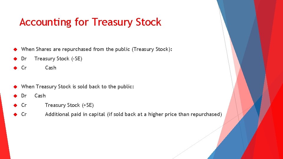 Accounting for Treasury Stock When Shares are repurchased from the public (Treasury Stock): Dr