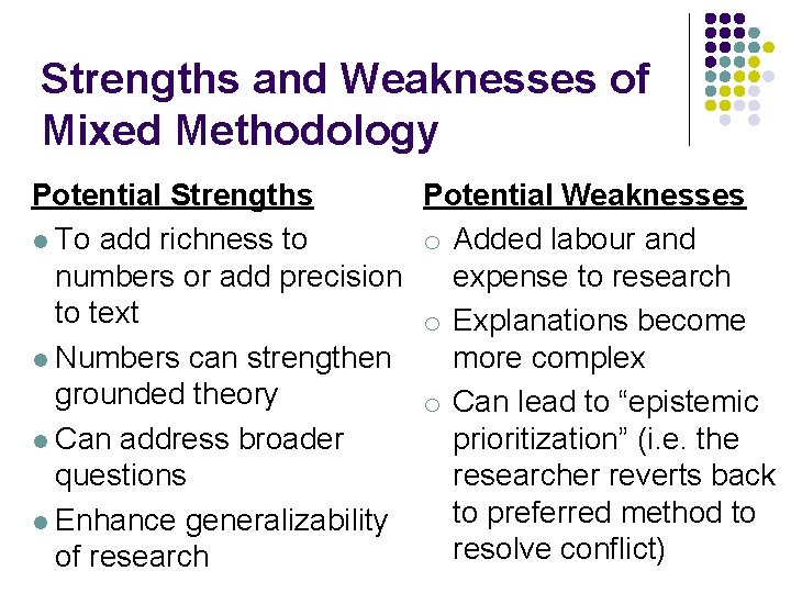 Strengths and Weaknesses of Mixed Methodology Potential Strengths l To add richness to numbers