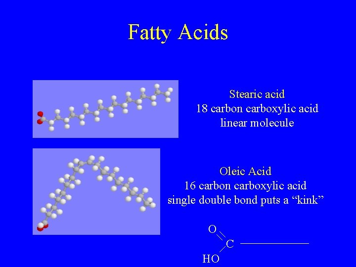 Fatty Acids Stearic acid 18 carbon carboxylic acid linear molecule Oleic Acid 16 carbon