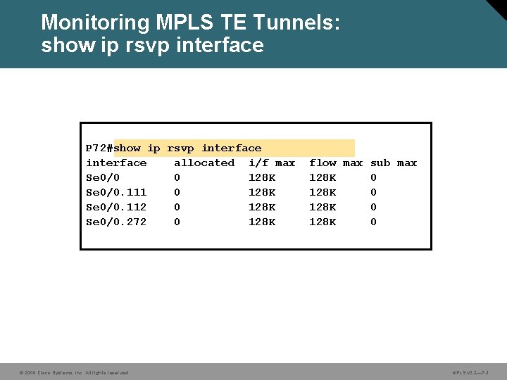 Monitoring MPLS TE Tunnels: show ip rsvp interface P 72#show ip rsvp interface allocated