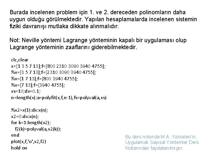 Burada incelenen problem için 1. ve 2. dereceden polinomların daha uygun olduğu görülmektedir. Yapılan