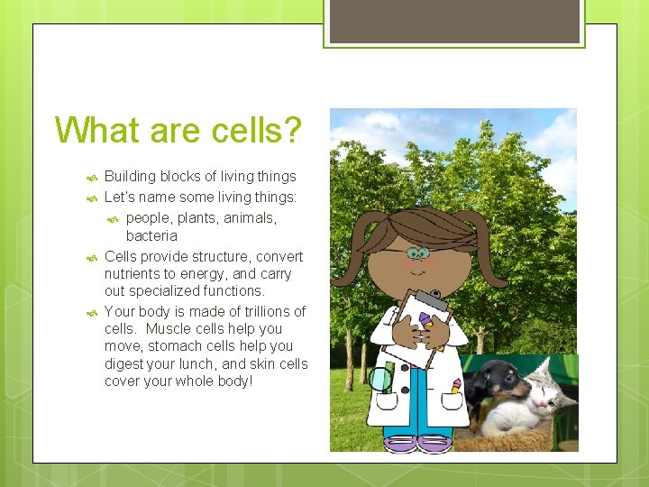 What are cells? Building blocks of living things Let’s name some living things: people, What are cells? Building blocks of living things Let’s name some living things: people,