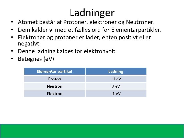 Ladninger • Atomet består af Protoner, elektroner og Neutroner. • Dem kalder vi med