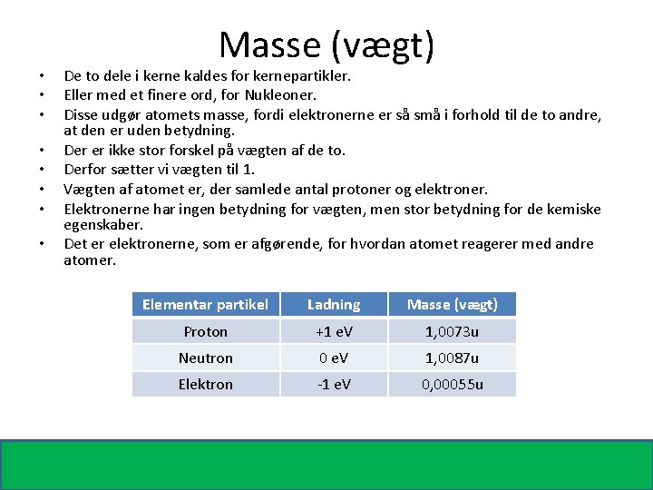  • • Masse (vægt) De to dele i kerne kaldes for kernepartikler. Eller