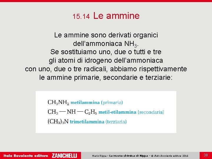 15. 14 Le ammine sono derivati organici dell’ammoniaca NH 3. Se sostituiamo uno, due