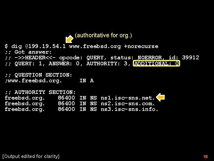 (authoritative for org. ) $ dig @199. 19. 54. 1 www. freebsd. org +norecurse