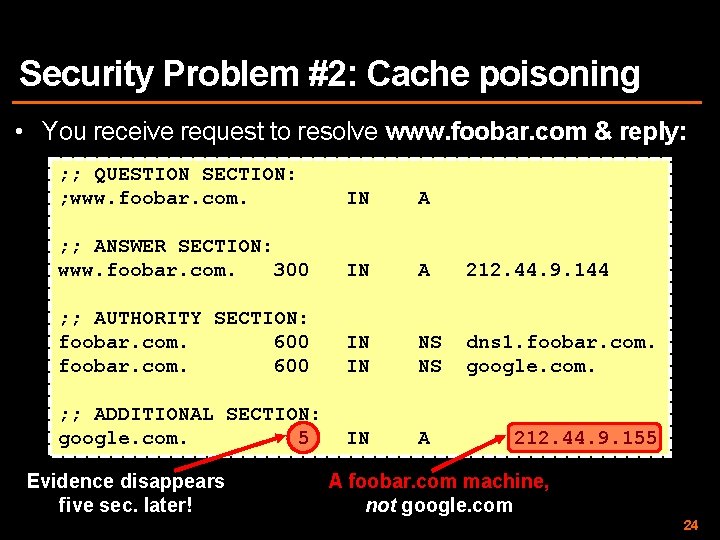 Security Problem #2: Cache poisoning • You receive request to resolve www. foobar. com