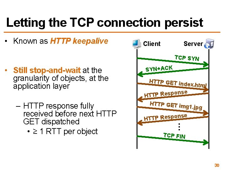 Letting the TCP connection persist • Known as HTTP keepalive Server Client TCP SYN