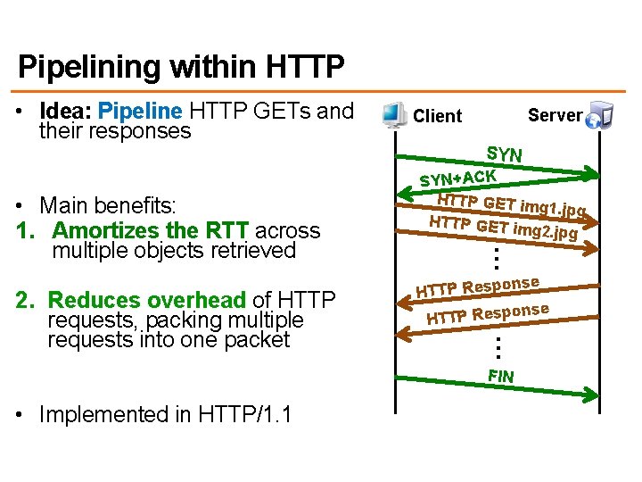 Pipelining within HTTP • Idea: Pipeline HTTP GETs and their responses SYN+ACK HTTP GET