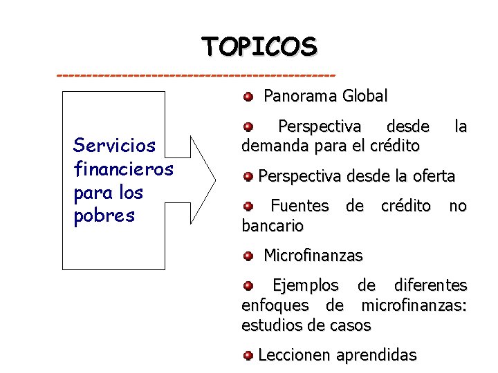 TOPICOS -----------------------Panorama Global Servicios financieros para los pobres Perspectiva desde demanda para el crédito