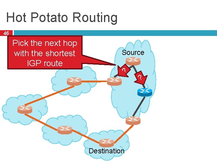 Hot Potato Routing 46 Pick the next hop with the shortest IGP route Source